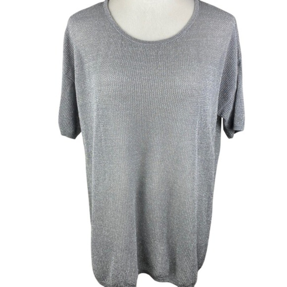 Lane‎ Bryant Silver Metallic Knit Short Sleeve Scoop Neck Top Plus Size 18/20